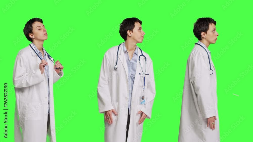 General practitioner waiting for patients to attend checkup appointments, feeling impatient against greenscreen backdrop. Woman physician with white coat waits for people, confident medic. Camera B. General practitioner waiting for patients to attend checkup appointments, feeling impatient against greenscreen backdrop. Woman physician with white coat waits for people, confident medic. Camera B.