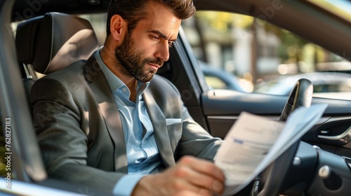 Surprised male professional finding right information in papers in salon of business car. Euphoric business man reading documents in modern car. Happy businessman feeling happy in automobile. © Emil