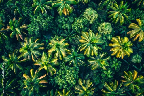 Aerial View of Lush Green Tropical Plant Leaves Texture for Natural Background or Wallpaper