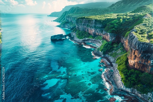 Breathtaking Aerial View of a Majestic Tropical Coastline with Lush Green Cliffs and Crystal Clear Blue Waters