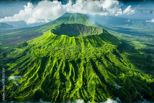 Breathtaking Aerial View of Lush Green Volcanic Mountain Landscape under Dramatic Sky