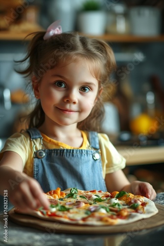 Little girl with a pizza. Generative AI