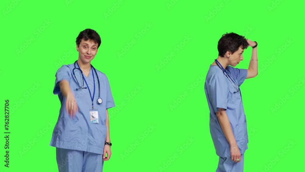 Medical assistant calling people over to come closer for examination, inviting patients at cabinet for checkup. Nurse with scrubs stands against greenscreen, come at me concept. Camera B. Medical assistant calling people over to come closer for examination, inviting patients at cabinet for checkup. Nurse with scrubs stands against greenscreen, come at me concept. Camera B.