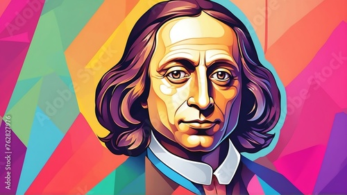 Blaise Pascal portrait colorful geometric shapes background. Digital painting. Vector illustration from Generative AI