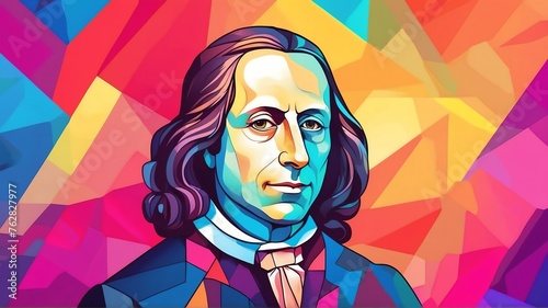 Blaise Pascal portrait colorful geometric shapes background. Digital painting. Vector illustration from Generative AI