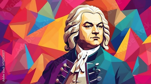 Johann Sebastian bach portrait colorful geometric shapes background. Digital painting. Vector illustration from Generative AI