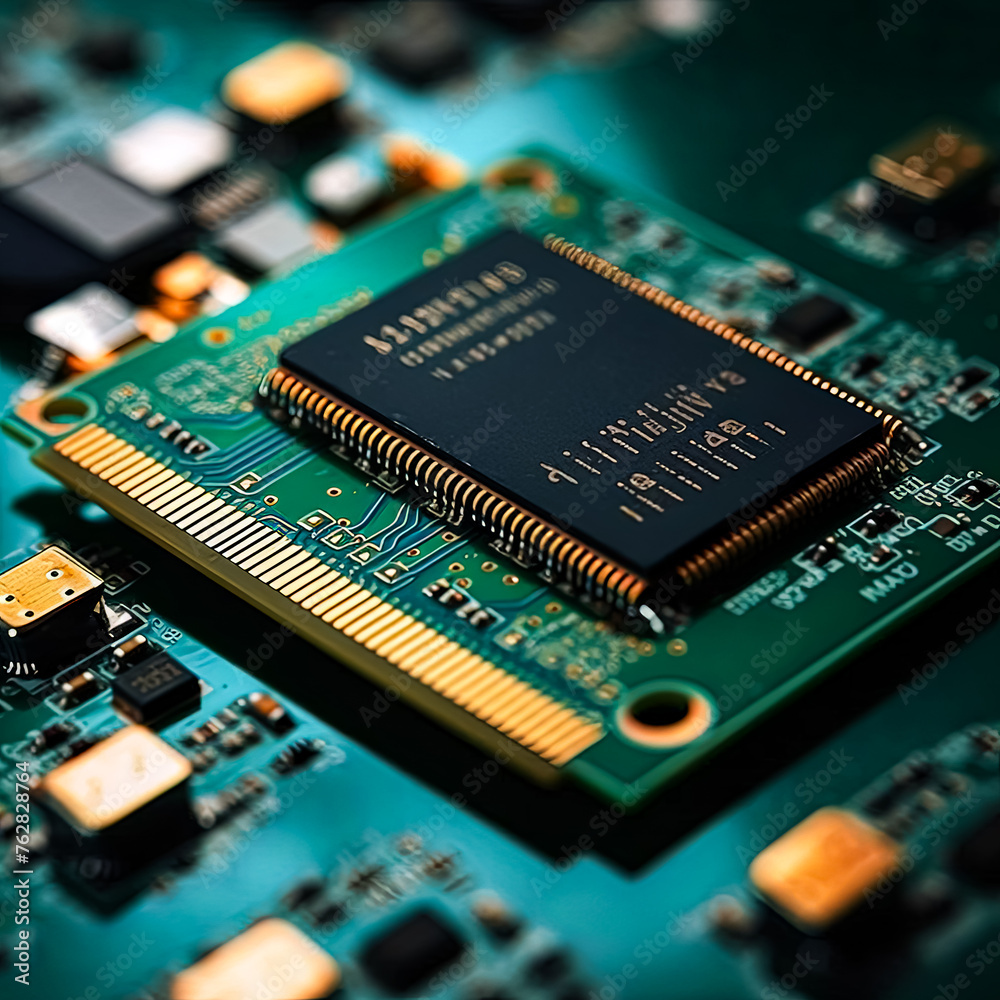 A green electronic component with a gold wire on it. The image is of a circuit board with many electronic components A green electronic component with a gold wire on it. The image is of a circuit board with many electronic components