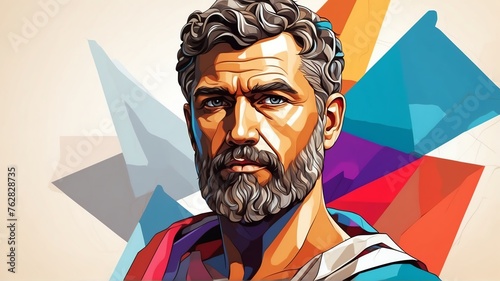 Thales of miletus portrait colorful geometric shapes background. Digital painting. Vector illustration from Generative AI photo