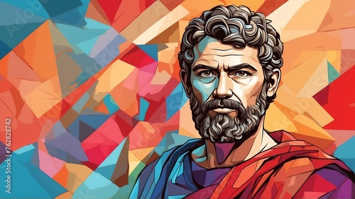 Thales of miletus portrait colorful geometric shapes background. Digital painting. Vector illustration from Generative AI photo
