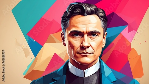 Thomas bayes portrait colorful geometric shapes background. Digital painting. Vector illustration from Generative AI photo