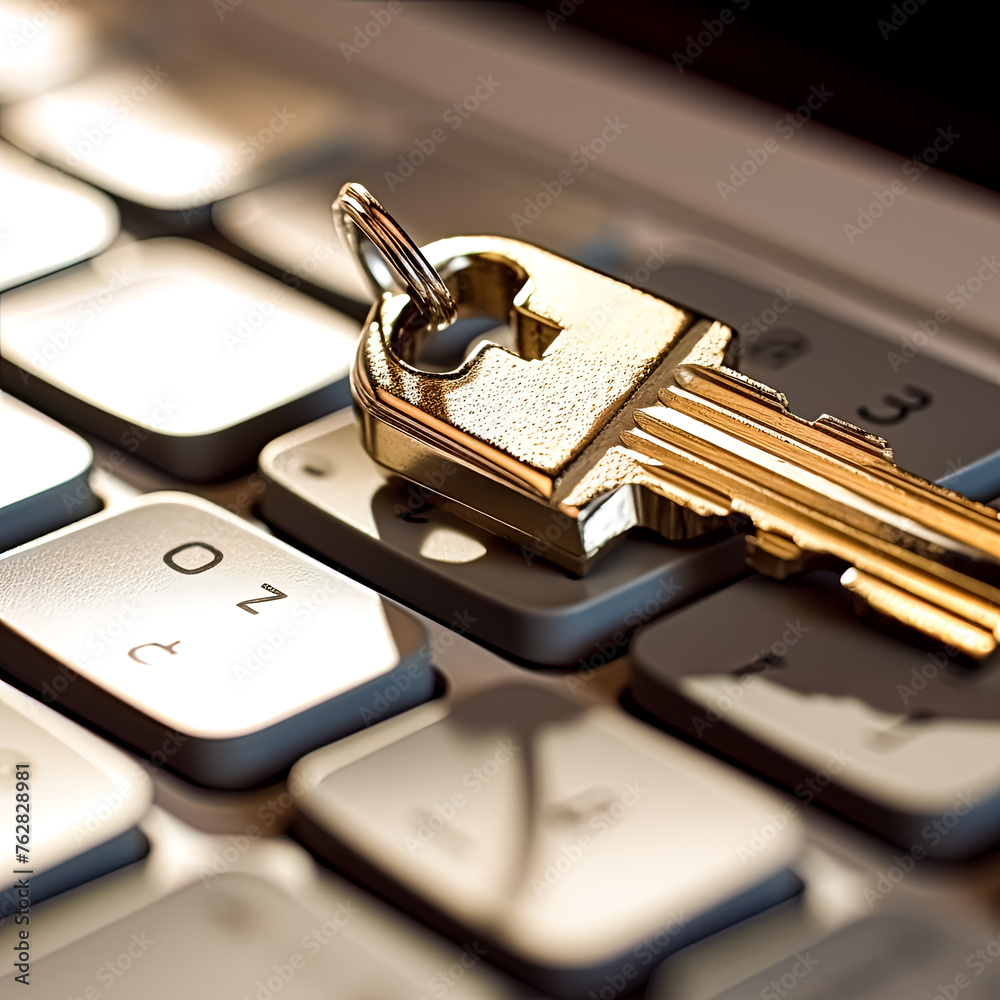 A key is sitting on a keyboard. The key is gold and has a chain attached to it A key is sitting on a keyboard. The key is gold and has a chain attached to it