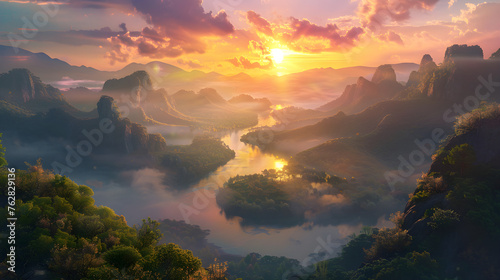 Spectacular Sunrise over Tranquil River and Verdant Mountains - An Ethereal Landscape Photography