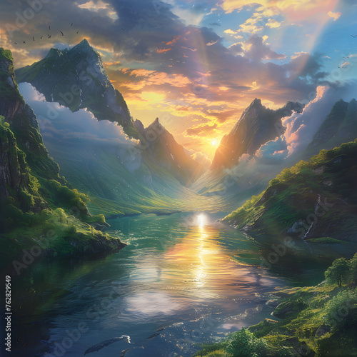 Spectacular Sunrise over Tranquil River and Verdant Mountains - An Ethereal Landscape Photography