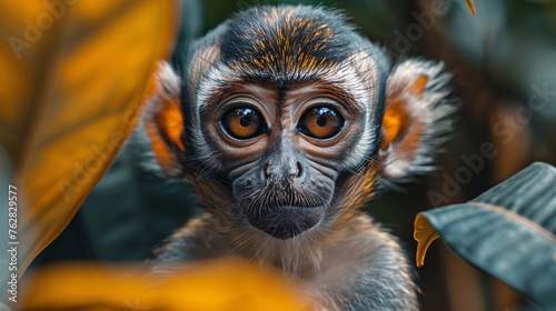 A young monkey gazing at the camera with striking orange and black fur, peeking through tropical leaves