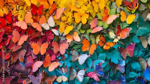 A colorful pattern made up of multicolored morpho butterflies, arranged to mimic the sequence of rainbow colors, serving as a vibrant texture background