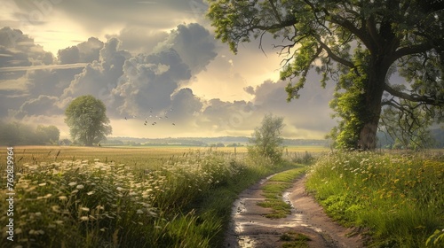 A countryside scene capturing the tranquility and freshness following a storm, evoking a sense of renewal and calm
