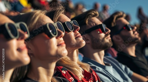 group of people with dark glasses to see a solar eclipse outdoors in high resolution and high quality HD