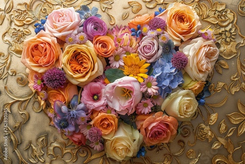 A heart-shaped arrangement of vibrant flowers placed against a luxurious gold background  creating a harmonious and elegant display of love and beauty