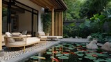 Serene outdoor patio with Japandi-inspired furniture, bamboo, and a koi pond


