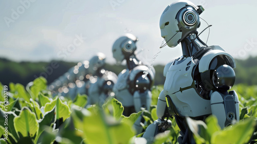 A line of advanced robots are shown tending to crops in an agricultural field, depicting the future of farming automation