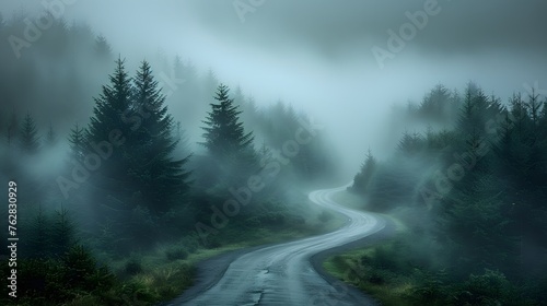 A winding mountain road, its curves disappearing into the misty horizon, flanked by dense forests. The play of light and shadow creates an ethereal atmosphere. © Artistic_Creation