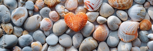 A collection of diverse seashells resting upon a bed of weathered rocks on the beach, bathed in the warm sunlight of a coastal afternoon photo