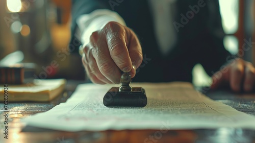 A detailed view focusing on a notary public's hand as it firmly stamps ink onto a document, embodying the formal notarization process photo