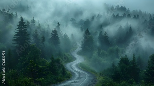 A winding mountain road, its curves disappearing into the misty horizon, flanked by dense forests. The play of light and shadow creates an ethereal atmosphere. © Artistic_Creation