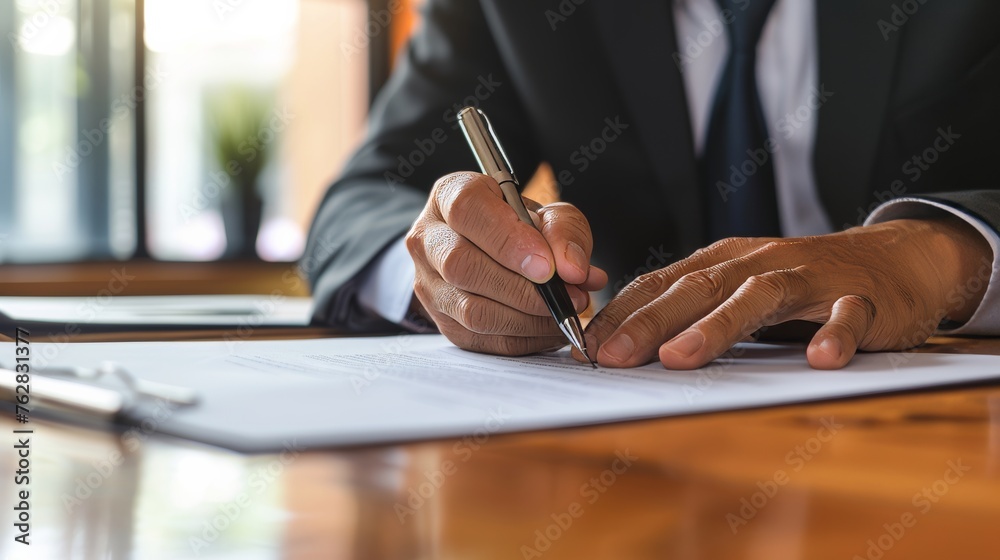 A focused depiction of a businessman signing a document, with emphasis on a female hand poised to authorize or consent to a legal agreement or contract - obrazy, fototapety, plakaty 