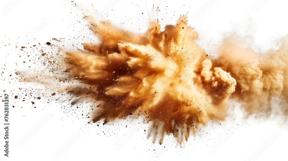 The yellow dry earth explodes on a white background, and the white background dust band explodes The yellow dry earth explodes on a white background, and the white background dust band explodes
