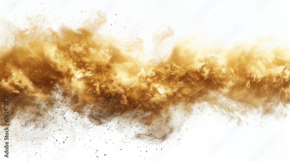 The yellow dry earth explodes on a white background, and the white background dust band explodes The yellow dry earth explodes on a white background, and the white background dust band explodes