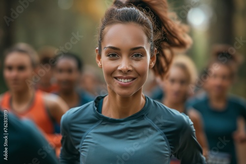 Woman and other people running running marathon in the park  healthy lifestyle