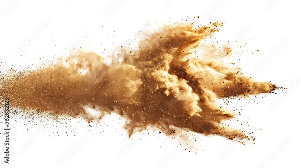 The yellow dry earth explodes on a white background, and the white background dust band explodes The yellow dry earth explodes on a white background, and the white background dust band explodes
