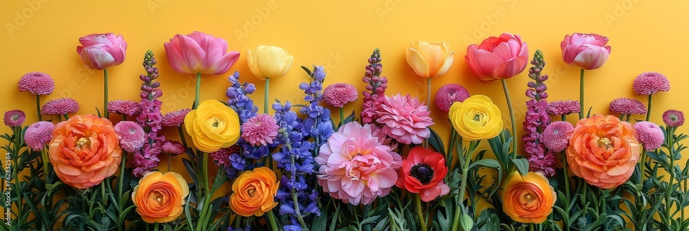 A group of vibrant flowers standing in front of a textured wall, their petals glowing in the soft light A group of vibrant flowers standing in front of a textured wall, their petals glowing in the soft light