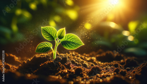 detailed image of a young, vibrant green plant sprouting up from rich, dark soil. The plant is backlit by the golden rays