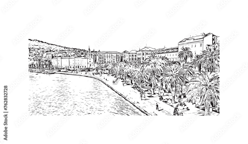 Print Building view with landmark of Split is the largest city in Croatia. Hand drawn sketch illustration in vector.