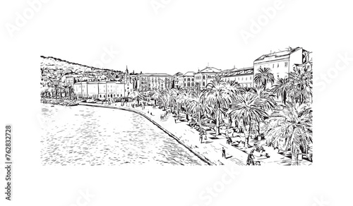Obraz na płótnie Print Building view with landmark of Split is the largest city in Croatia. Hand drawn sketch illustration in vector. w salonie