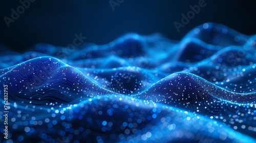 Abstract blue background with interweaving of colored dots and lines, Wave of dots and weave lines. Abstract background. Network connection structure.