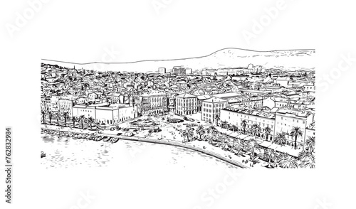 Print Building view with landmark of Split is the largest city in Croatia. Hand drawn sketch illustration in vector.