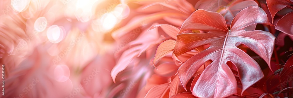 Monstera plant with striking red leaves, showcasing its intricate details and vibrant coloration up close Monstera plant with striking red leaves, showcasing its intricate details and vibrant coloration up close