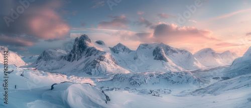 A panoramic view of the snowcovered mountains in Norway, with skiers and hikers navigating through them at sunrise