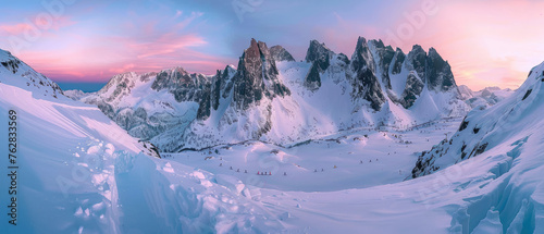 A panoramic view of the snowcovered mountains in Norway, with skiers and hikers navigating through them at sunrise