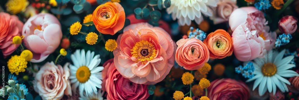 Lush and vibrant flowers in various colors and shapes, elegantly arranged and displayed on a wall Lush and vibrant flowers in various colors and shapes, elegantly arranged and displayed on a wall