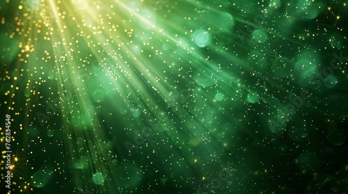 Asymmetrical bursts of green light, dark green background with abstract beautiful light, green and yellow colors, gold green sparkling background with reproduction space. © SHI