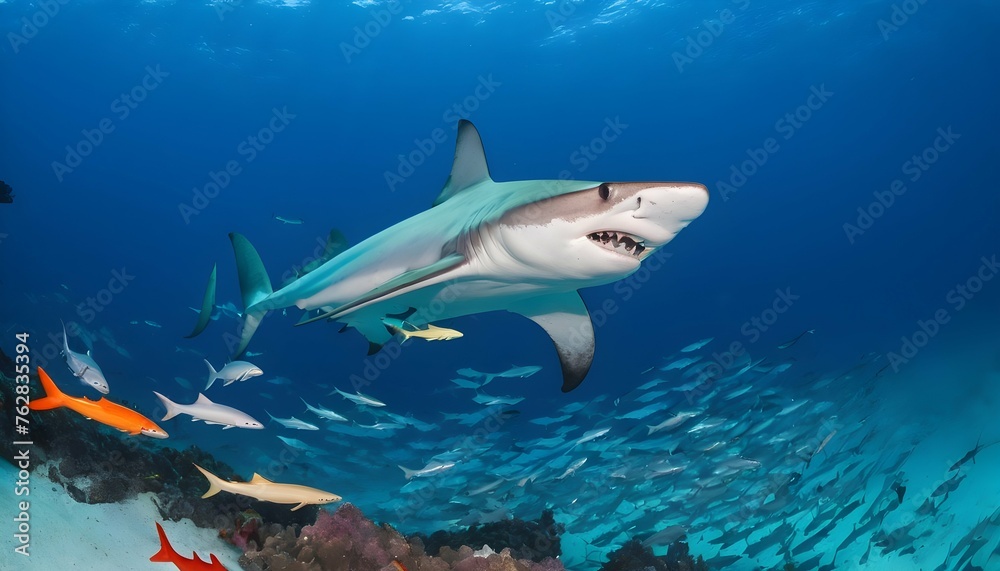 A Hammerhead Shark Surrounded By A Shoal Of Colorf Upscaled 3 2