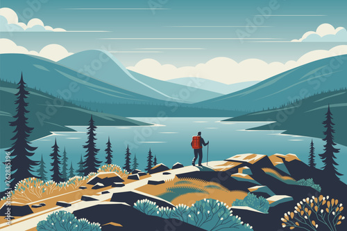 Lonely traveller hiking in the mountains, vector illustration. Beautiful nature outdoor, backpacking trip to a national park photo