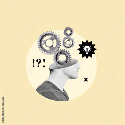 Gears in the mind, mental process, human mind, idea, creative mind, Cogwheel, Contemplation, Bicycle gear, Human brain, Motion, Ideas, Concentration, Human head, Organization, Activity, Vibrant Color photo