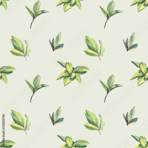 Seamless pattern with watercolor and digital green grass and leaves on blue background. Hand-drawn bush with bud. Wallpaper for invite card  wedding celebration and sticker. Art for wrapping