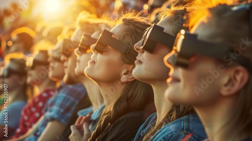 group of people observing the sky with dark glasses watching the solar eclipse in high resolution and high quality. astronomy concept, eclipses, sun