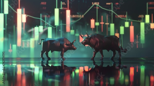 Candlestick chart of stocks, with green and red candles, On the surface there is a detailed figurine of a bull © AlfaSmart